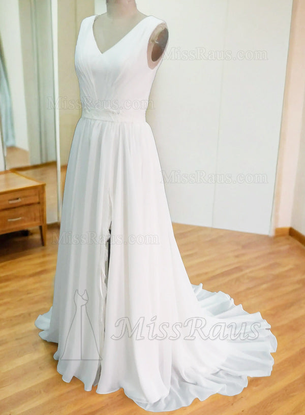 A Line V Neck Side Slit Chiffon Beach Wedding Dress