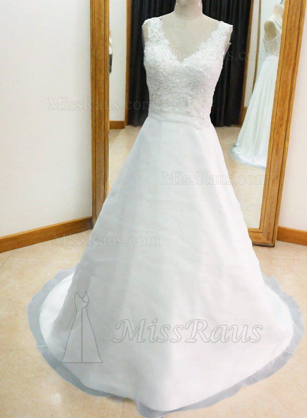 A Line V Neck Organza Beaded Long Wedding Dress With Applique