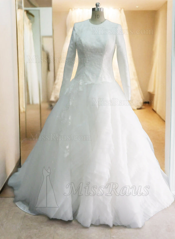 A Line Long Sleeves Round Neck Muslin Wedding Dress