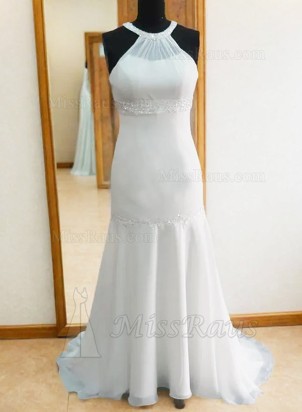 Sheath Halter Chiffon Beaded Pleated Beach Wedding Dress