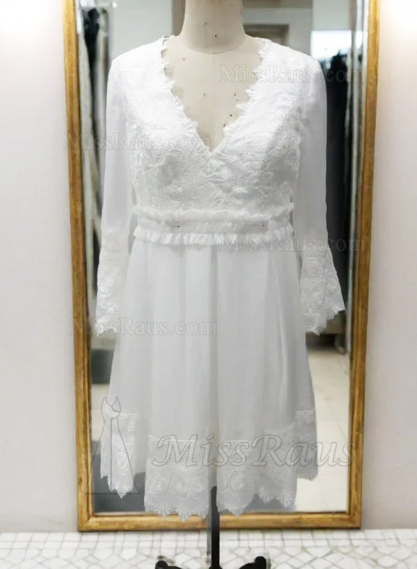 A Line V Neck Knee Length Chiffon Lace Short Beach Wedding Dress