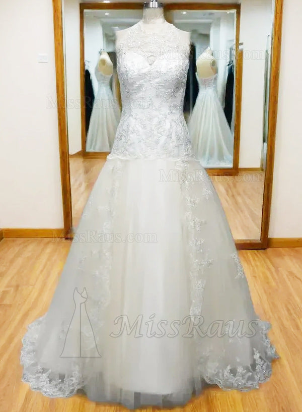 A Line Tulle With Lace Beaded Long Scoop Wedding Dress