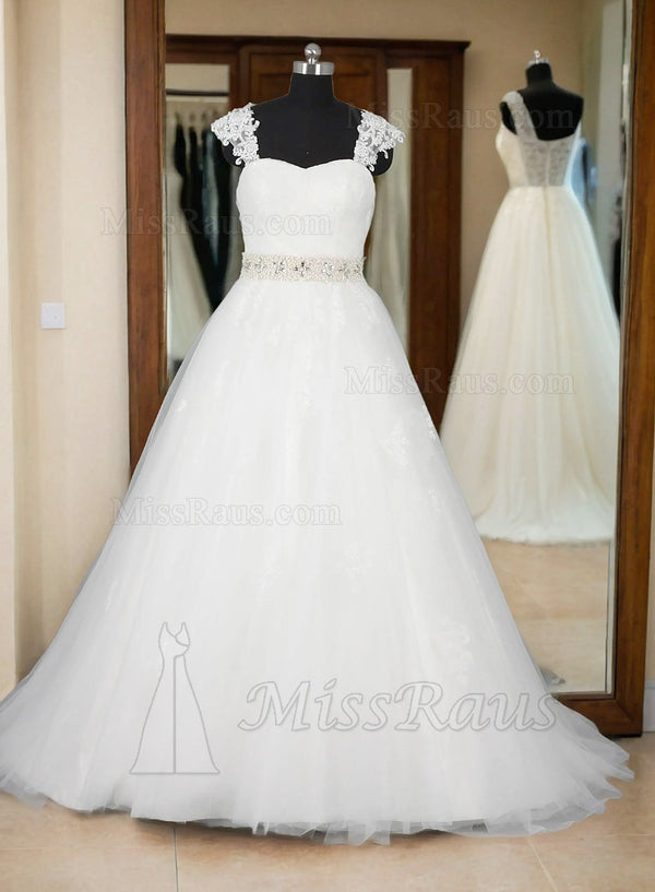 A Line Sweetheart Tulle With Lace Capped Sleeves Long Wedding Dress