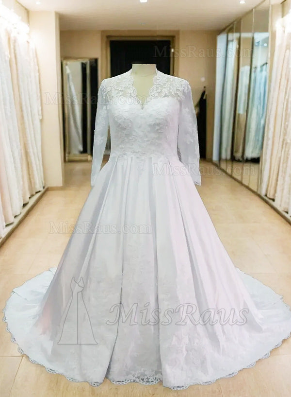 A Line Long Sleeves V Neck Satin With Lace Long Plus Size Wedding Dress