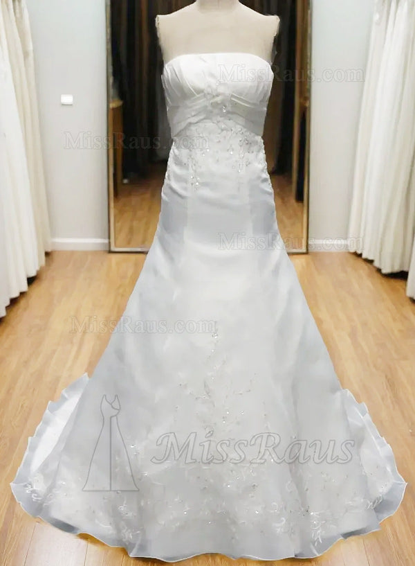 Organza Beaded Strapless A Line Pleated Beach Wedding Dress