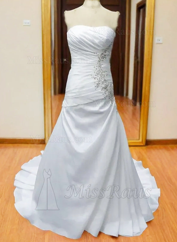 A Line Strapless Ruched Beaded Chiffon Beach Wedding Dress