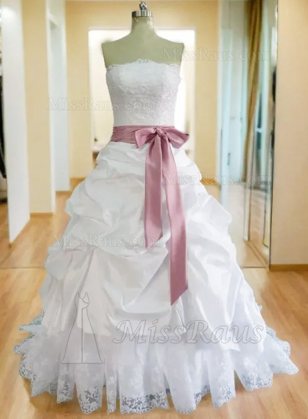 Strapless Taffeta With Lace Ball Gown Wedding Dress With Pink Sash