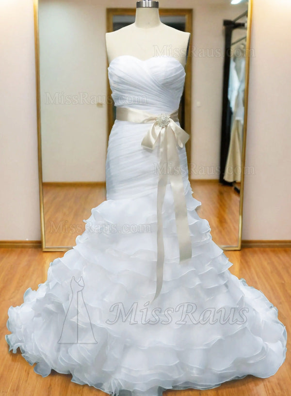 Organza Sweetheart Beaded Ruched And Pleated Long Wedding Dress With Sash