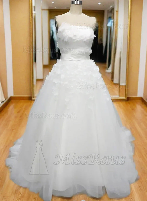 A Line Tulle With Floral Patterns Strapless Long Wedding Dress