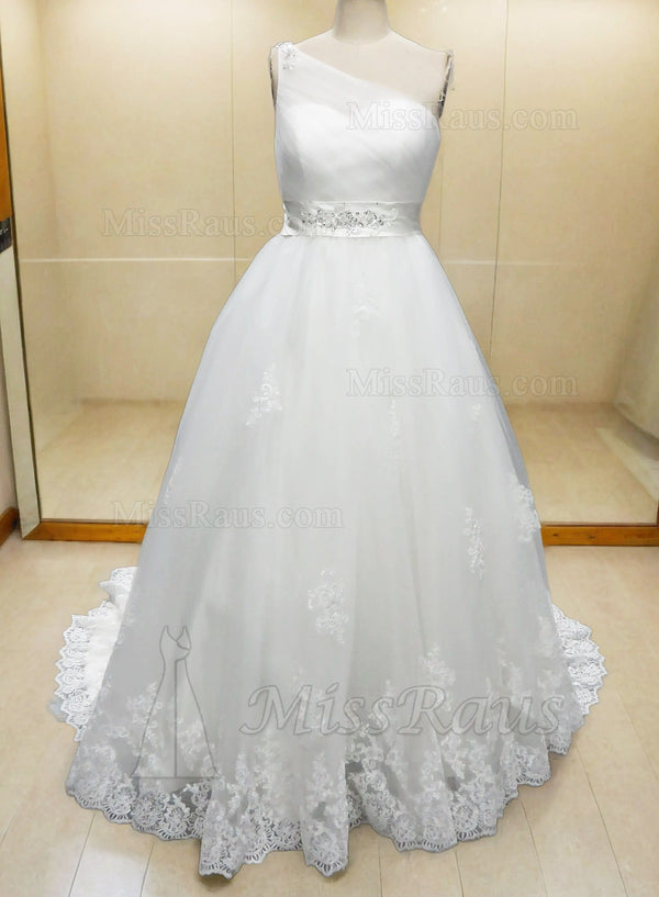 One Shoulder Tulle With Appliques Beaded Sash Long Wedding Dress