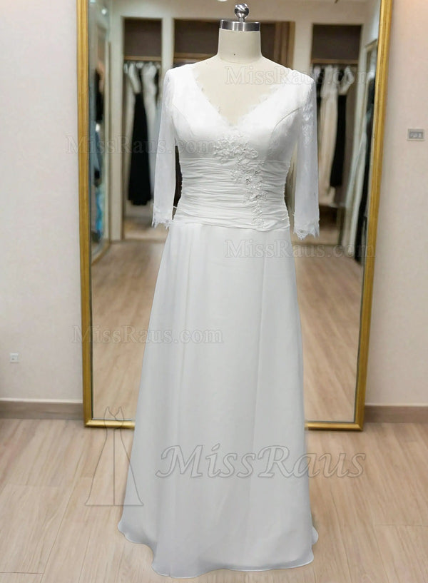 A Line Long Sleeves Chiffon V Neck Beaded Beach Wedding Dress