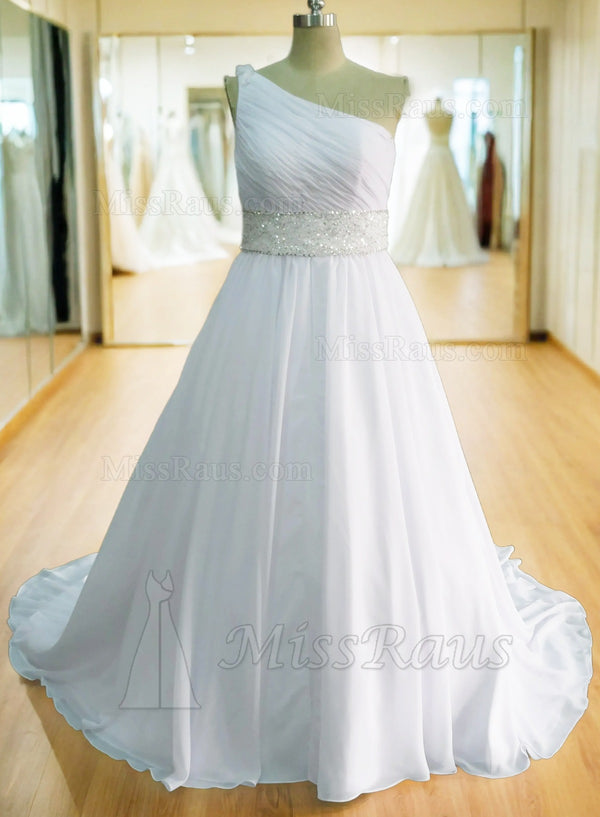 A Line One Shoulder Chiffon Beaded Chiffon Plus Size Beach Wedding Dress