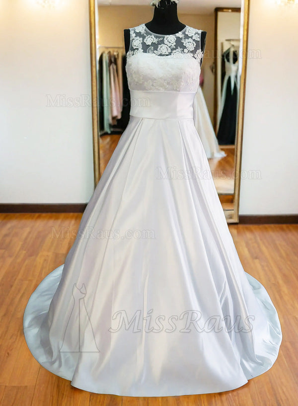 A Line Satin Floral Patterns White Long Wedding Dress