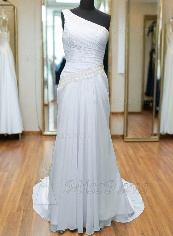 A Line One Shoulder Ruched Chiffon Beaded Beach Wedding Dress