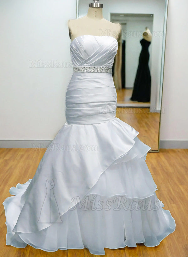 Strapless Mermaid Satin Over Organza Long Beaded Sash Wedding Dress