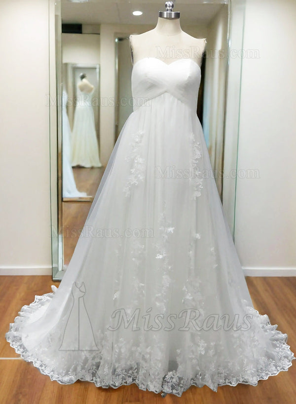 2024 A Line Tulle Pleated High Waist Sweetheart Plus Size Beach Wedding Dress