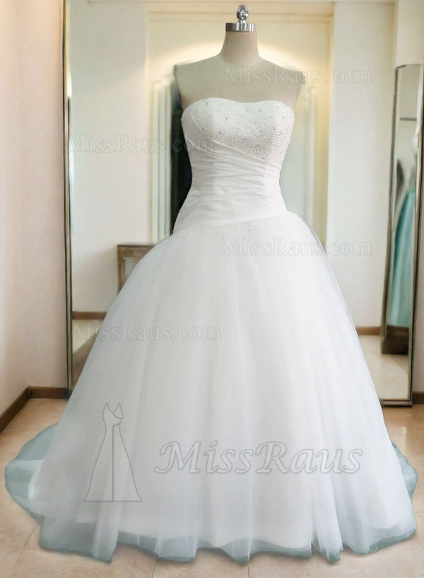 Strapless Tulle Ruched Plus Size Ball Gown Wedding Dress With Beads