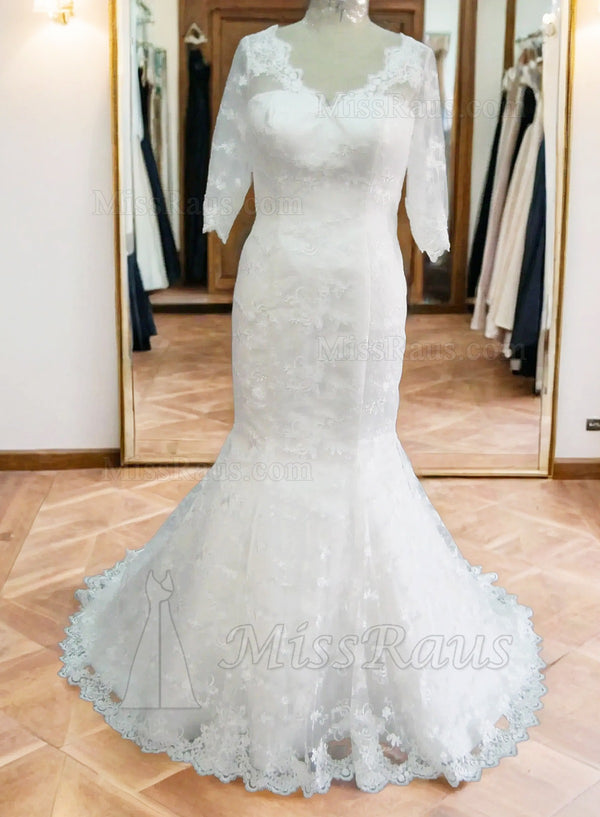 Mermaid V Neck Lace Half Sleeves Long Wedding Dress