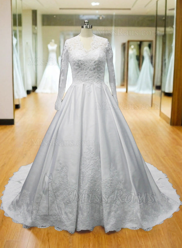 A Line Long Sleeves V Neck Satin With Lace Long Wedding Dress