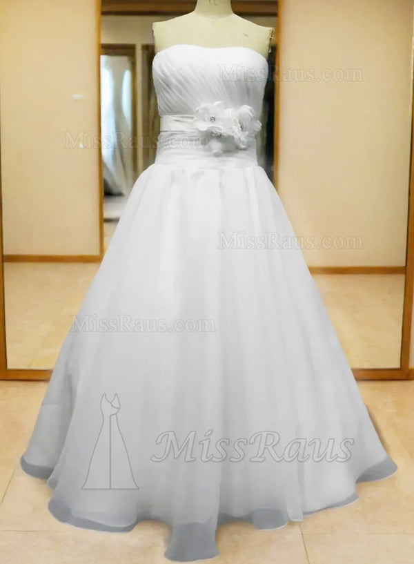 A Line Strapless Organza Pleated Floor Length Prom Dress With Flowers