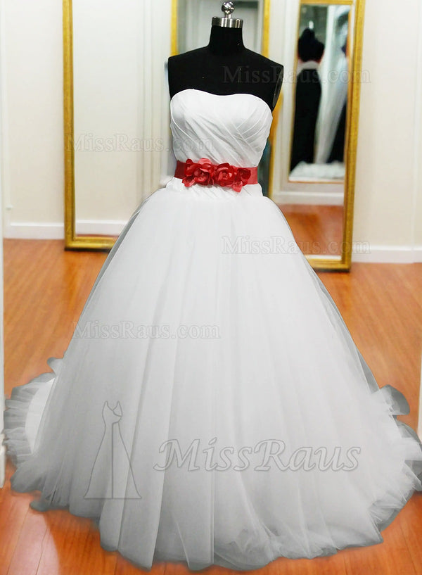 Strapless Ruched  Tulle A Line Wedding Dress With Red Sash