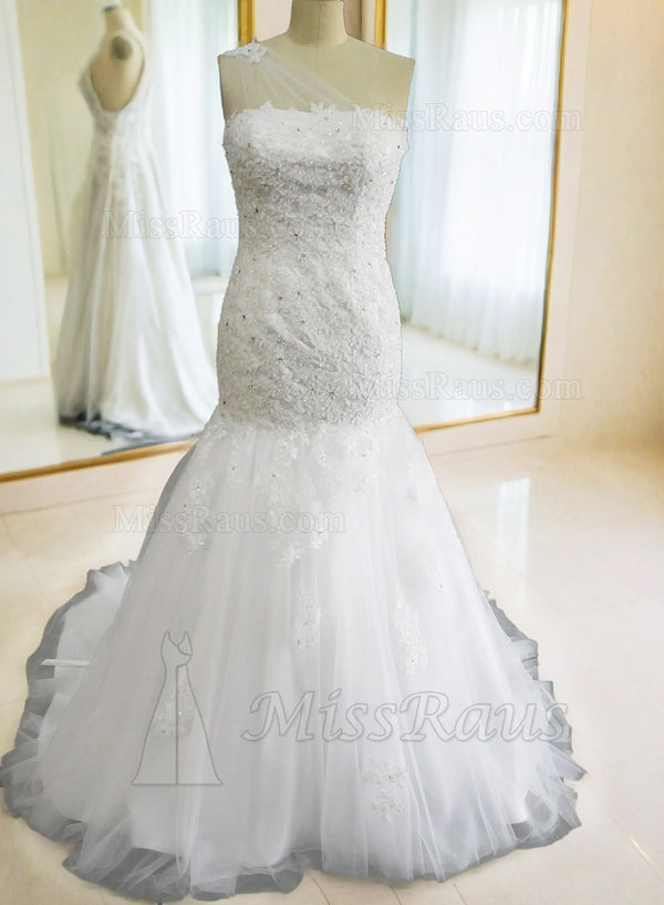 One Shoulder Mermaid Tulle With Applique Long Wedding Dress