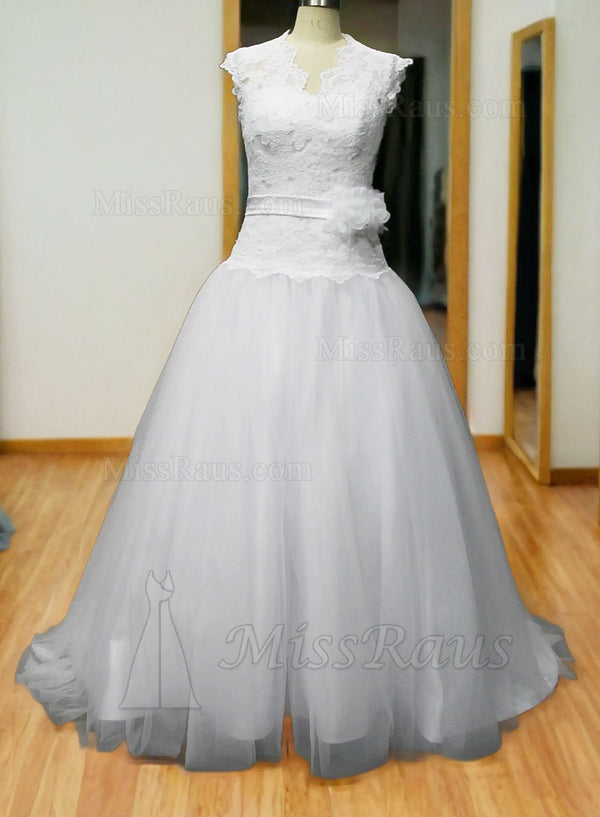 A Line Tulle Over Lace Long Wedding Dress With Floral Sash