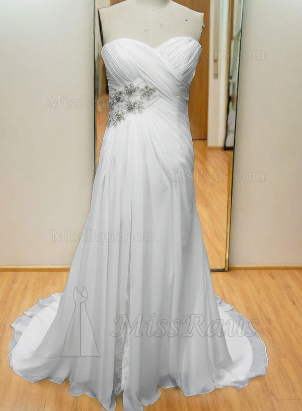 Sweetheart A Line Ruched Beaded Beach Wedding Dress