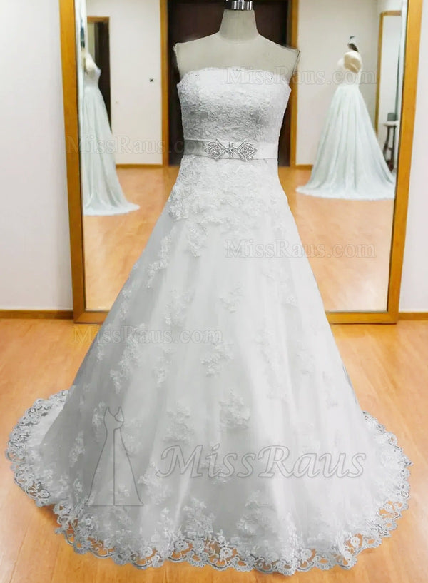 2024 Strapless A Line Lace Beaded Sash Long Wedding Dress