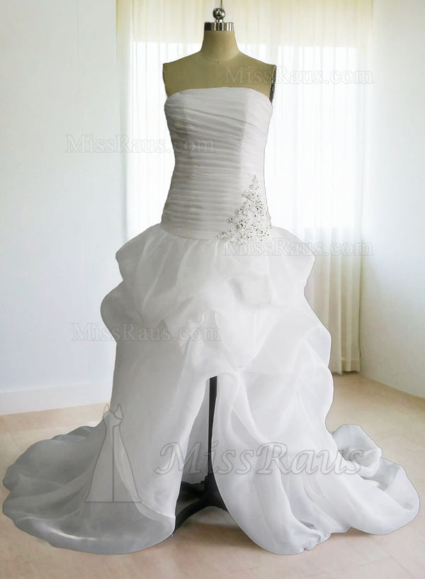 Sheath Strapless Ruched Organza Side Slit Beach Wedding Dress