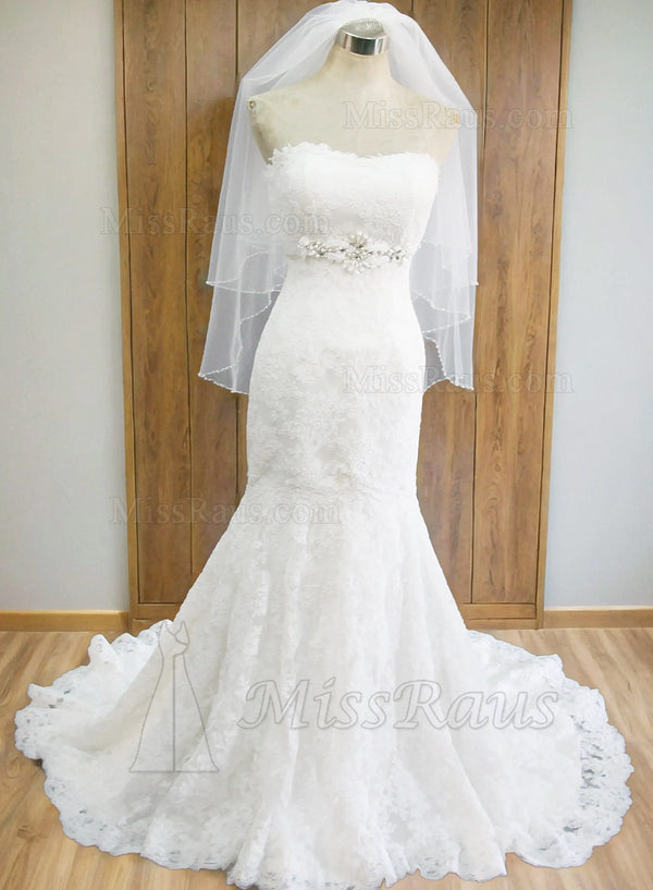 Mermaid Strapless Beaded Sash Lace Wedding Dress