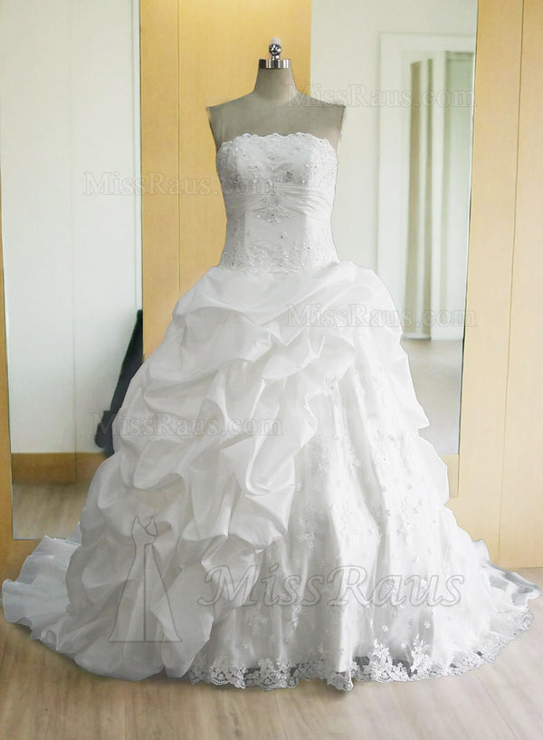 Strapless Lace Taffeta Layered Pleated Long Wedding Dress