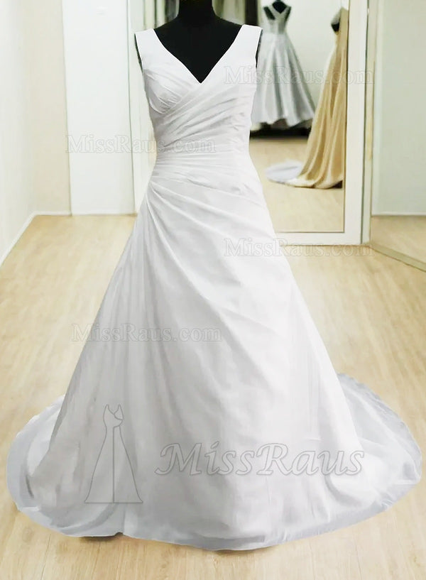 A Line Pleated V Neck Taffeta Long Wedding Dress