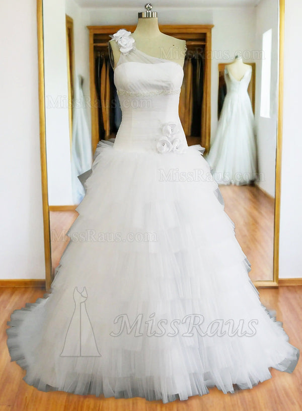 One Shoulder Tulle Layered Long Wedding Dress With Floral Patterns