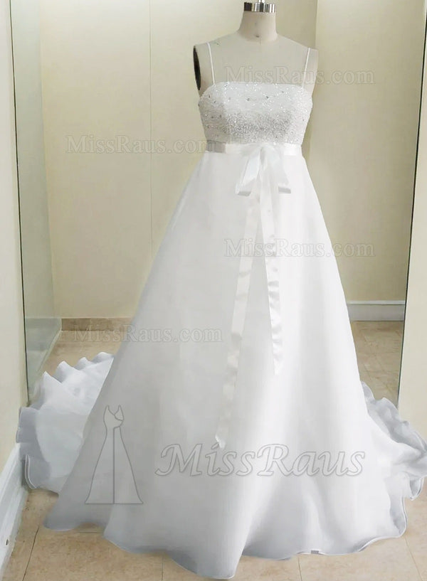 A Line Spaghetti Straps Organza Beaded Maternity Beach Wedding Dress