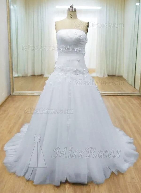 Strapless A Line White Tulle With Appliques Wedding Dress