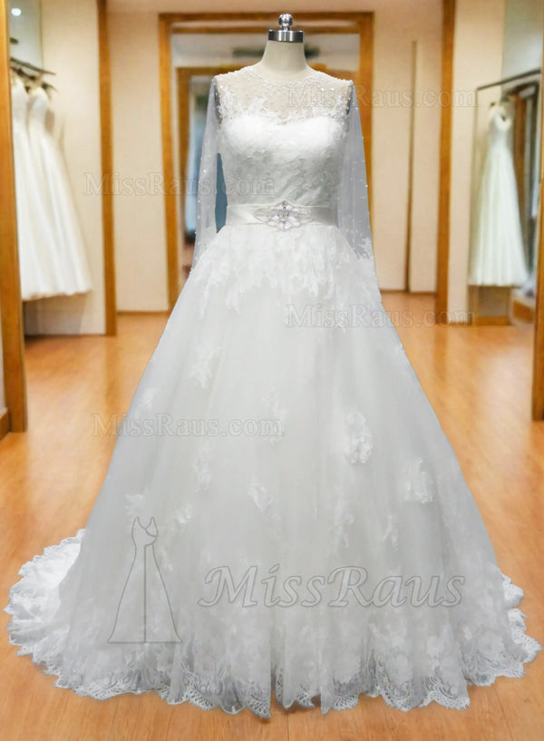 A Line Long Sleeves Tulle With Lace Beaded Long Wedding Dress