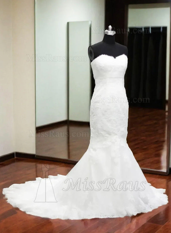 Mermaid Sweetheart Lace Strapless Long White Wedding Dress