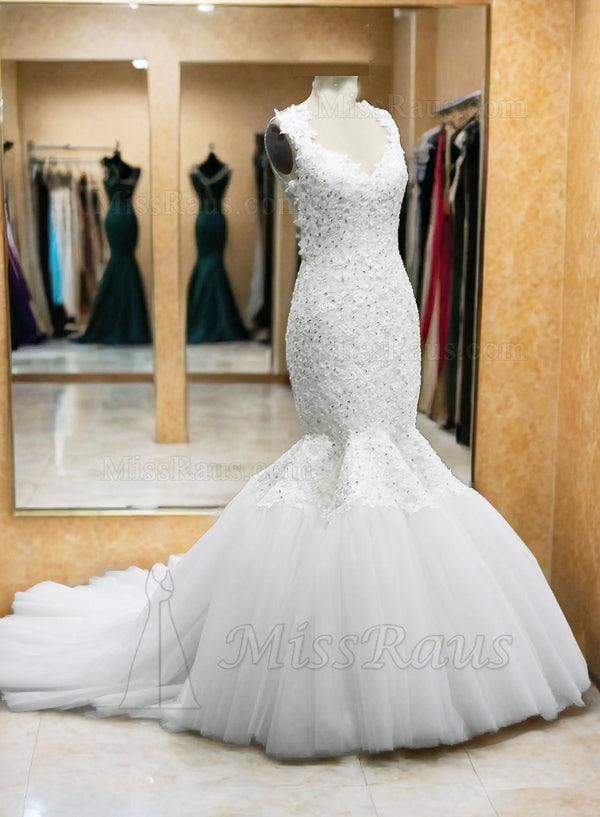 Mermaid Sweetheart Tulle With Lace Long Beaded Wedding Dress