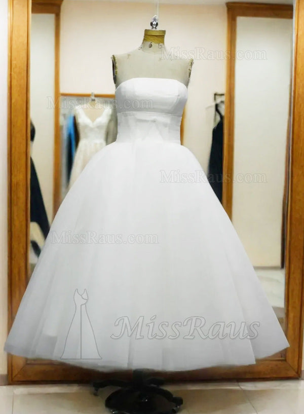 A Line Strapless Tea Length Short Beach Wedding Dress