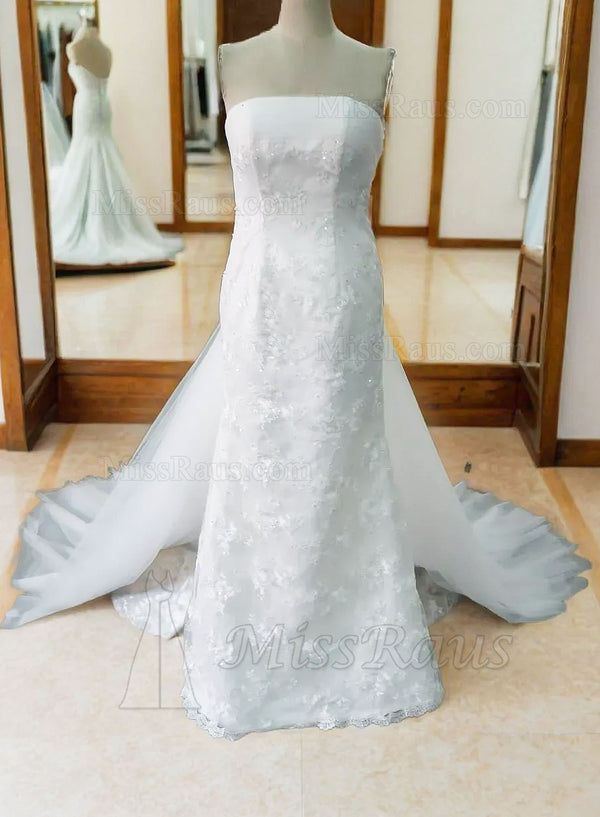 Strapless Sheath Detachable Train Lace Wedding Dress