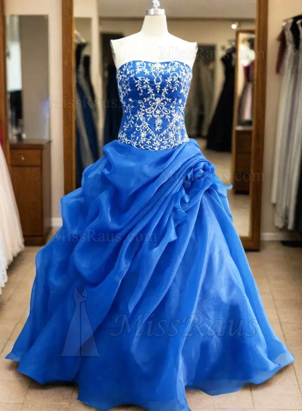 Royal Blue Strapless Organza Ruched Embroidery Wedding Dress