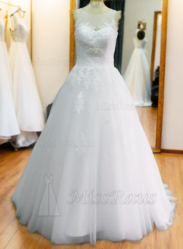 A Line Scoop Tulle With Appliques Beaded Long Wedding Dress