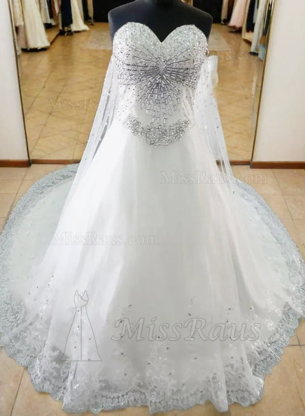 Tulle A Line Sweetheart Long Lace Wedding Dress With Diamonds