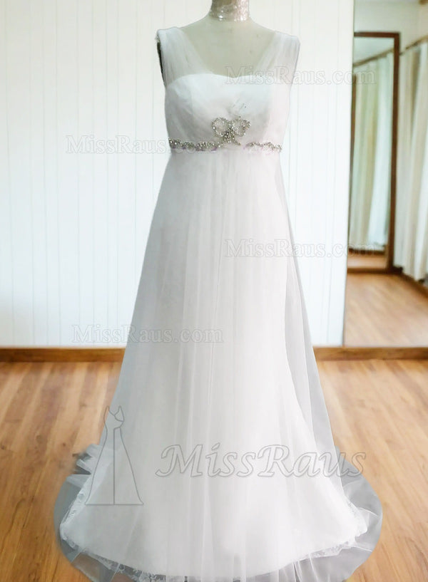 A Line Tulle Beaded V Neck High Waist Beach Wedding Dress