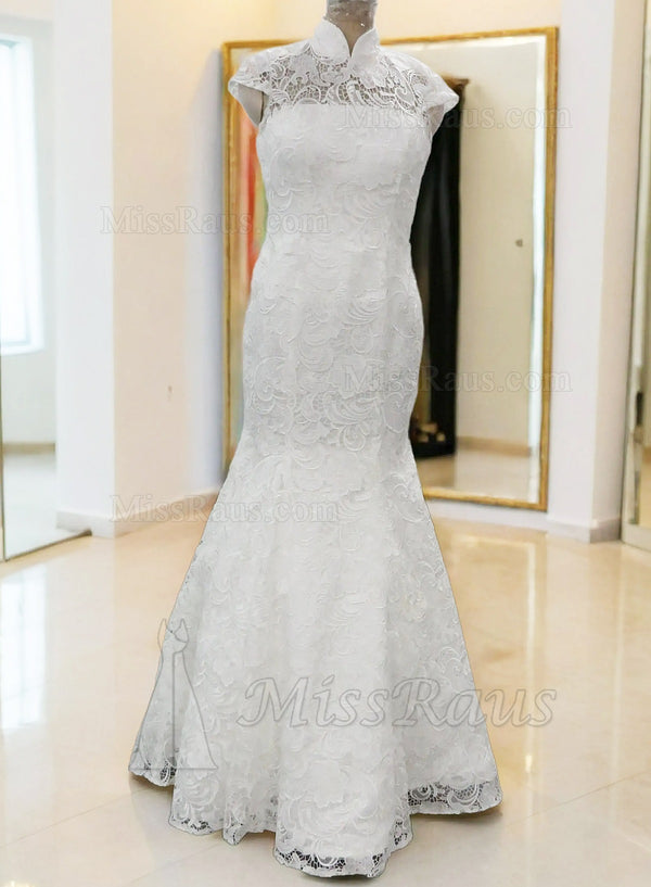 Mermaid High Neck Lace Floor Length Long Wedding Dress