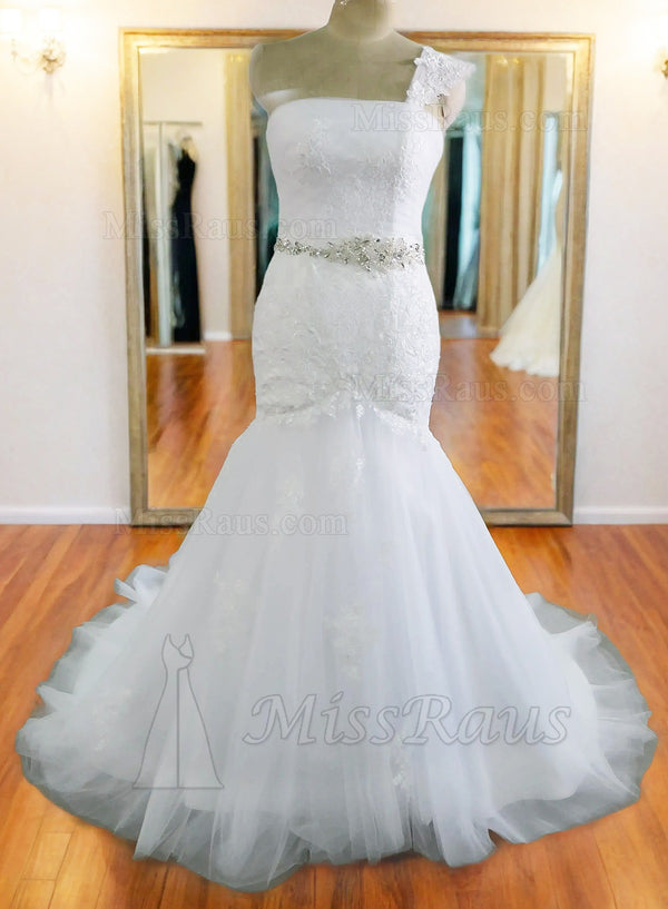 White Mermaid One Shoulder Tulle Over Lace Long Wedding Dress