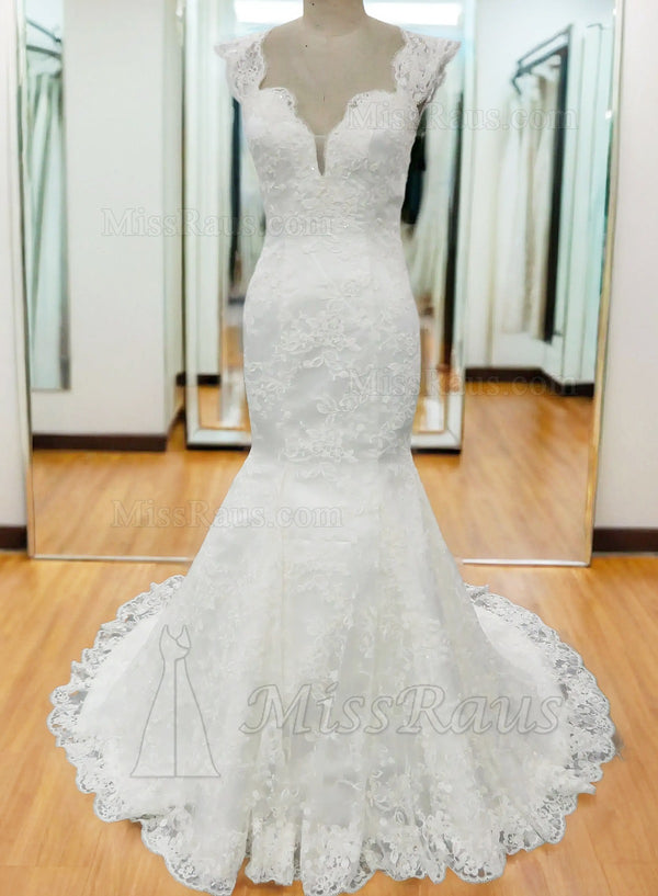 Mermaid Sweetheart Lace Capped Sleeves Wedding Dress