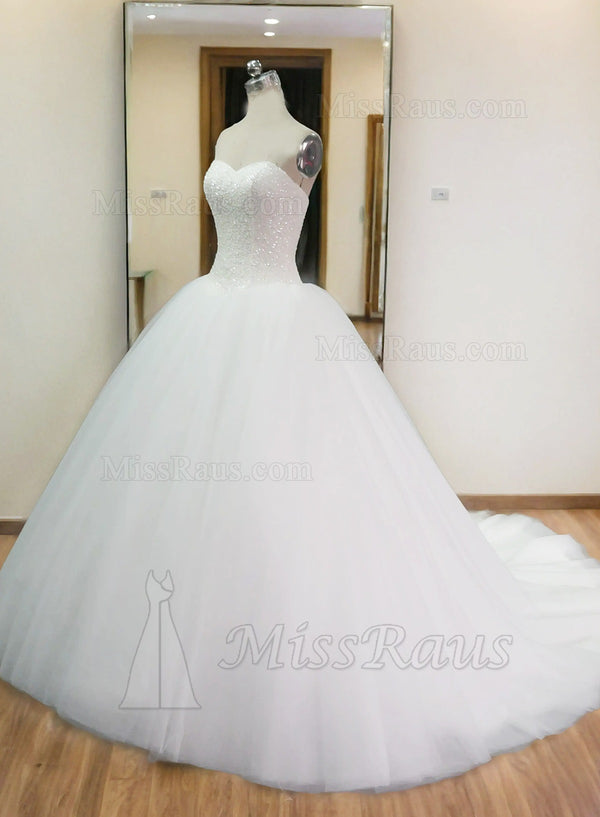 Sweetheart Beaded Long White Tulle Ball Gown Wedding Dress