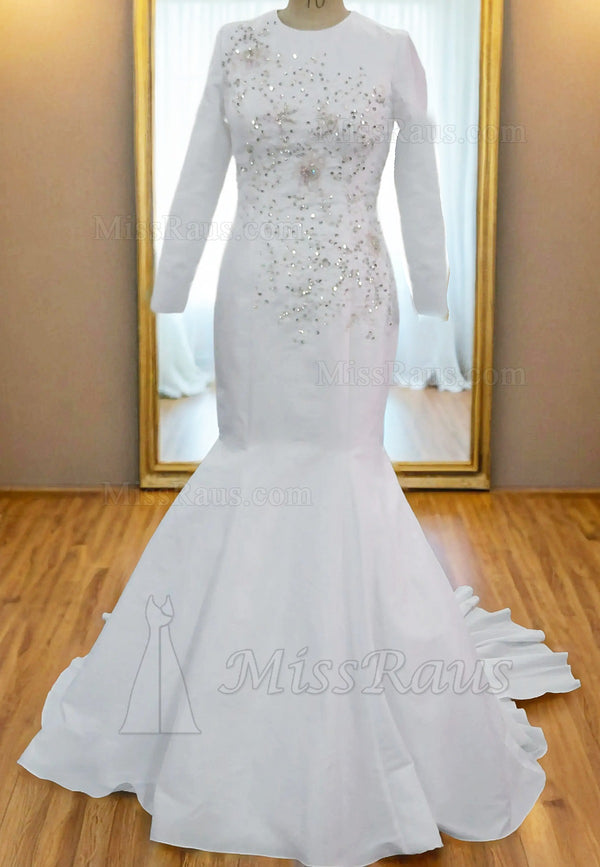 Mermaid Long Sleeves Beaded Scoop Long Muslin Wedding Dress